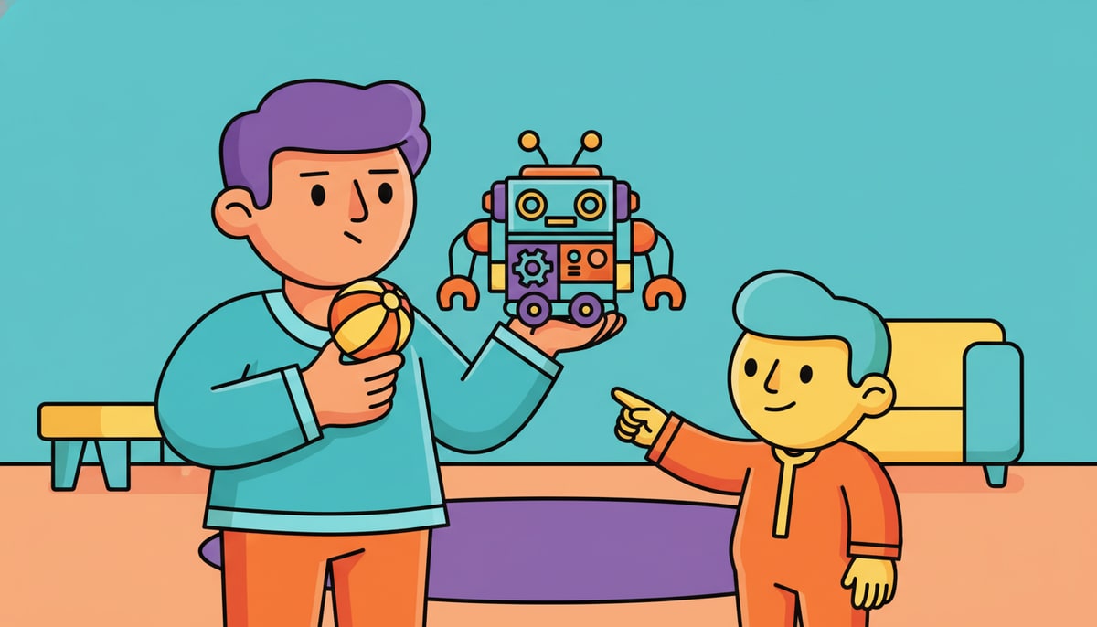 A parent, with a thoughtful expression, holds up two different toys (a simple ball and an elaborate robot) to a child, who points towards the robot with a hopeful look.