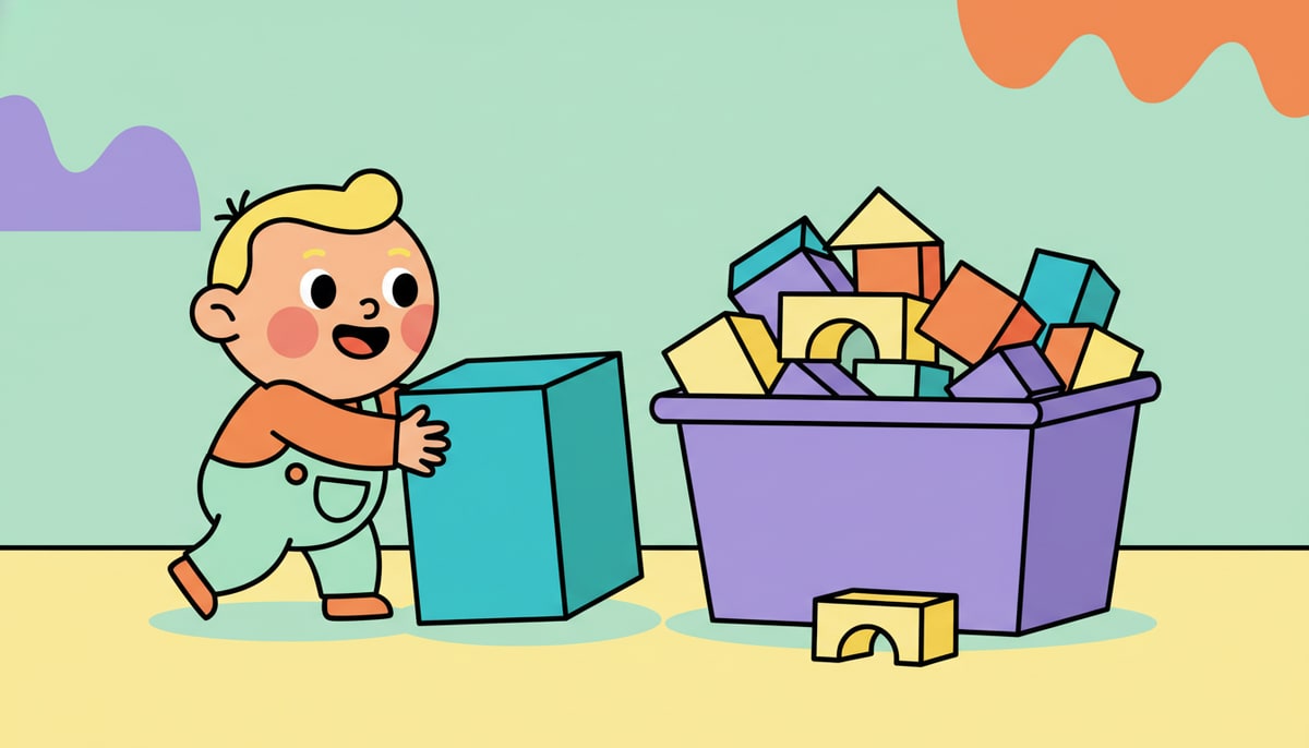 A tiny toddler, beaming with pride, clumsily pushes a single, oversized block into a toy bin overflowing with other blocks.