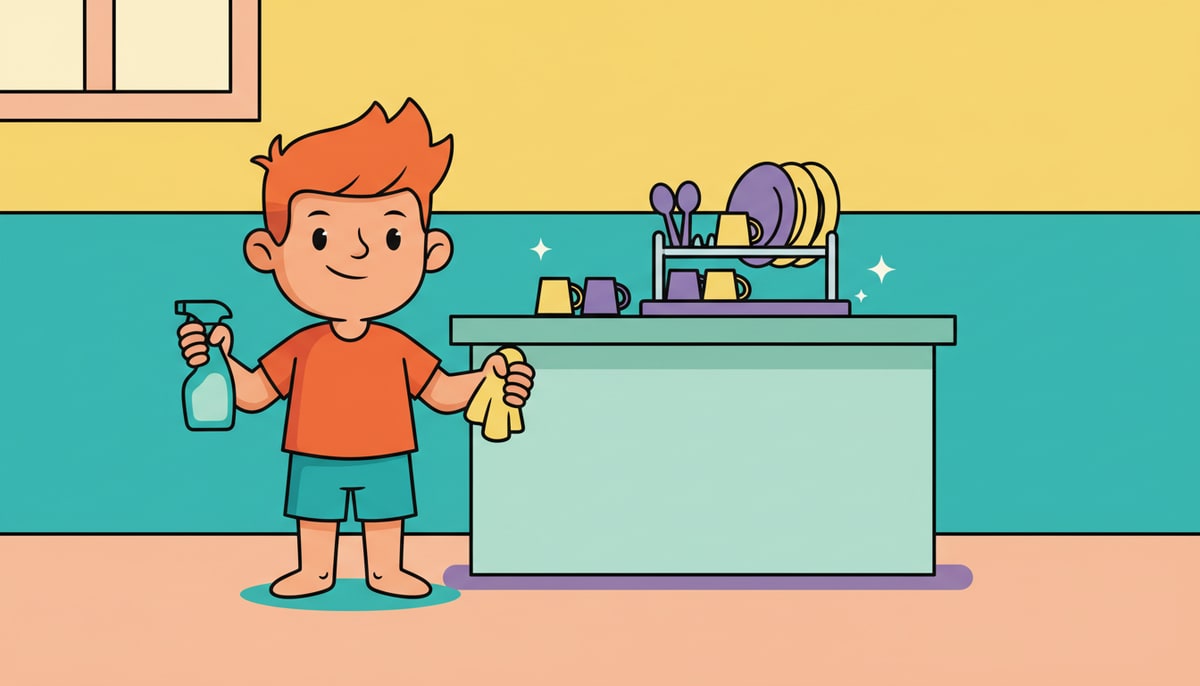 A confident kid, age 9-12, stands proudly next to a sparkling clean kitchen counter, holding a spray bottle and a cloth, with a dish drying rack neatly stacked in the background.