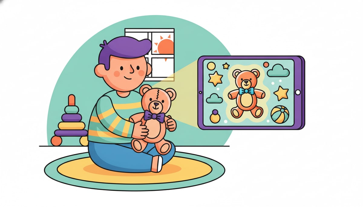 A child holds a teddy bear, while a glowing tablet screen next to them displays the same teddy bear looking impossibly perfect and shiny, floating in a magical, non-existent playroom.