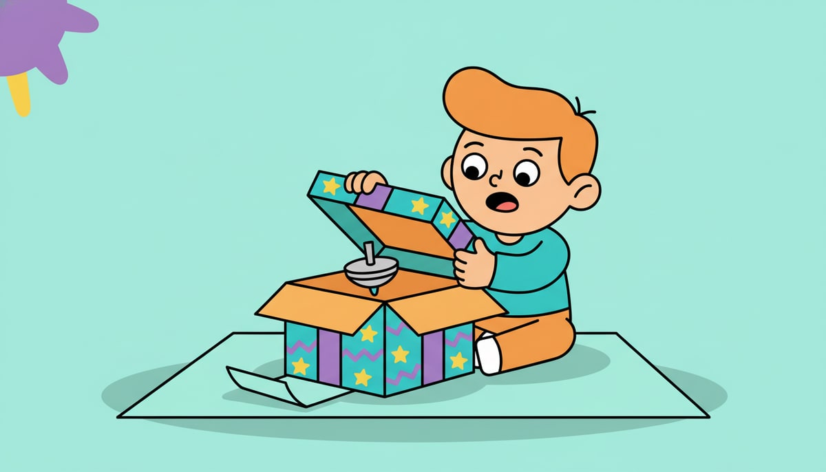 A child excitedly unwraps a bright toy box to reveal a much smaller, less impressive toy inside.