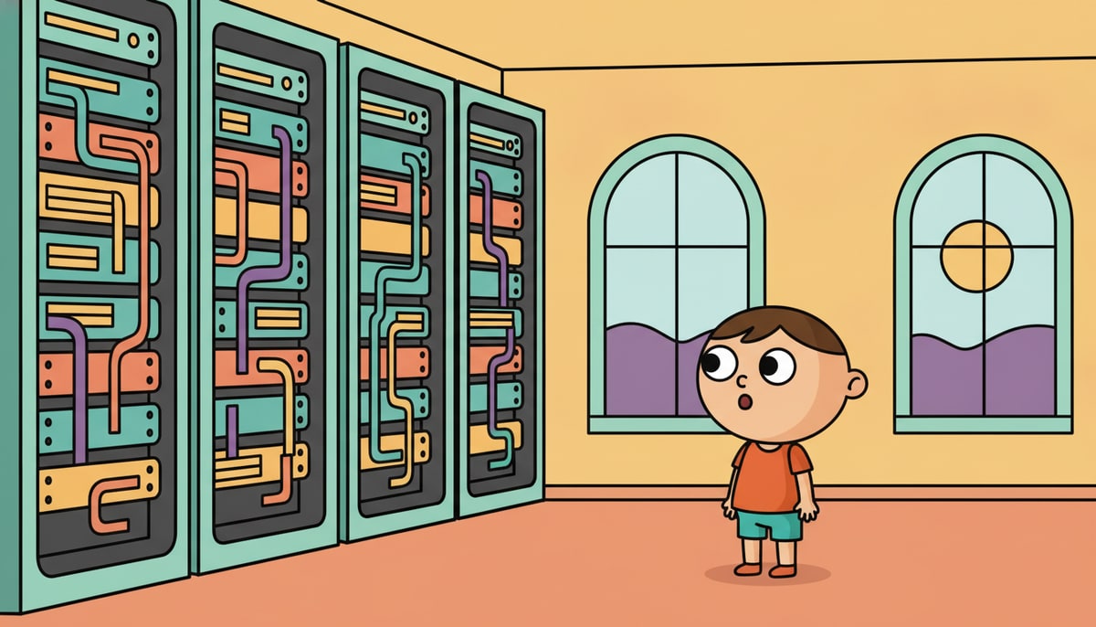 A child stands in a brightly lit room, looking with wide eyes at a massive, futuristic computer server rack glowing with colorful lights and wires.