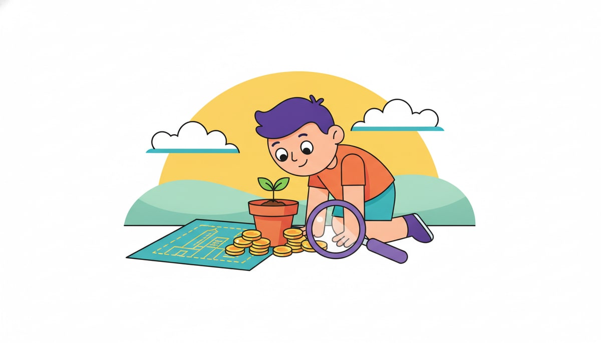 A child marvels at a tiny sprout growing from a pot, surrounded by a pile of shiny coins and a magnifying glass, while a large, futuristic-looking building blueprint lies open nearby.