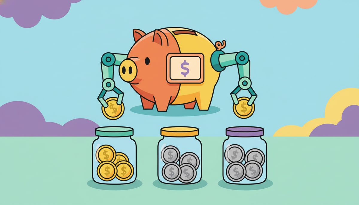 A child's piggy bank with robot arms and a small screen displaying a money symbol is helping to sort coins into different jars.