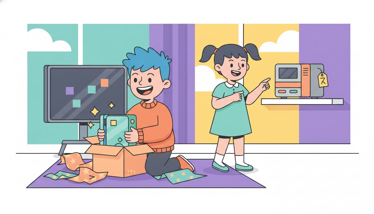 A child eagerly unwraps a brand-new, futuristic-looking video game console, while in the background, another child points to an identical, older console on a shelf with a smaller price tag.