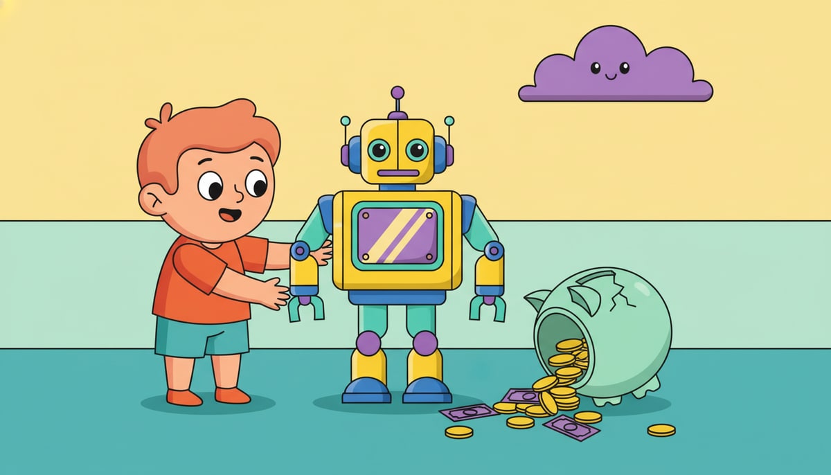 A child excitedly admires a shiny new robot toy, oblivious to a small, overflowing piggy bank with a crack in its side nearby.