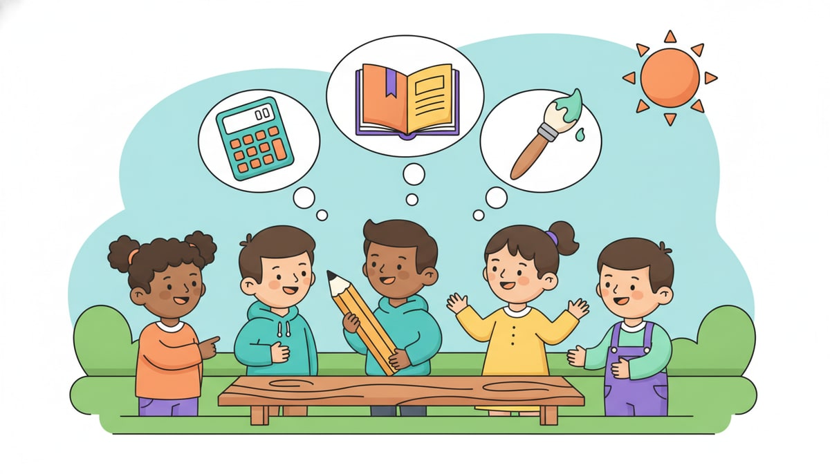 A diverse group of kids excitedly brainstorm lemonade stand ideas, surrounded by thought bubbles containing drawings of a calculator, a book, and a paintbrush.