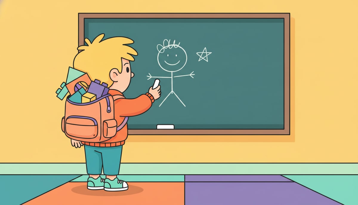 A young child with a backpack full of colorful building blocks stands at a chalkboard, drawing a simple, smiling stick figure.