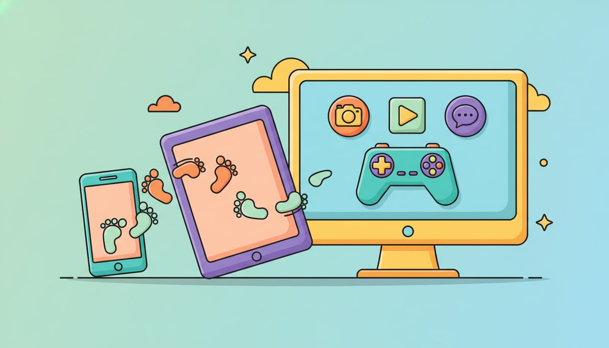A colorful cartoon footprint trail extends from a smartphone, across a tablet, and ends at a computer monitor displaying various social media icons and a game controller.
