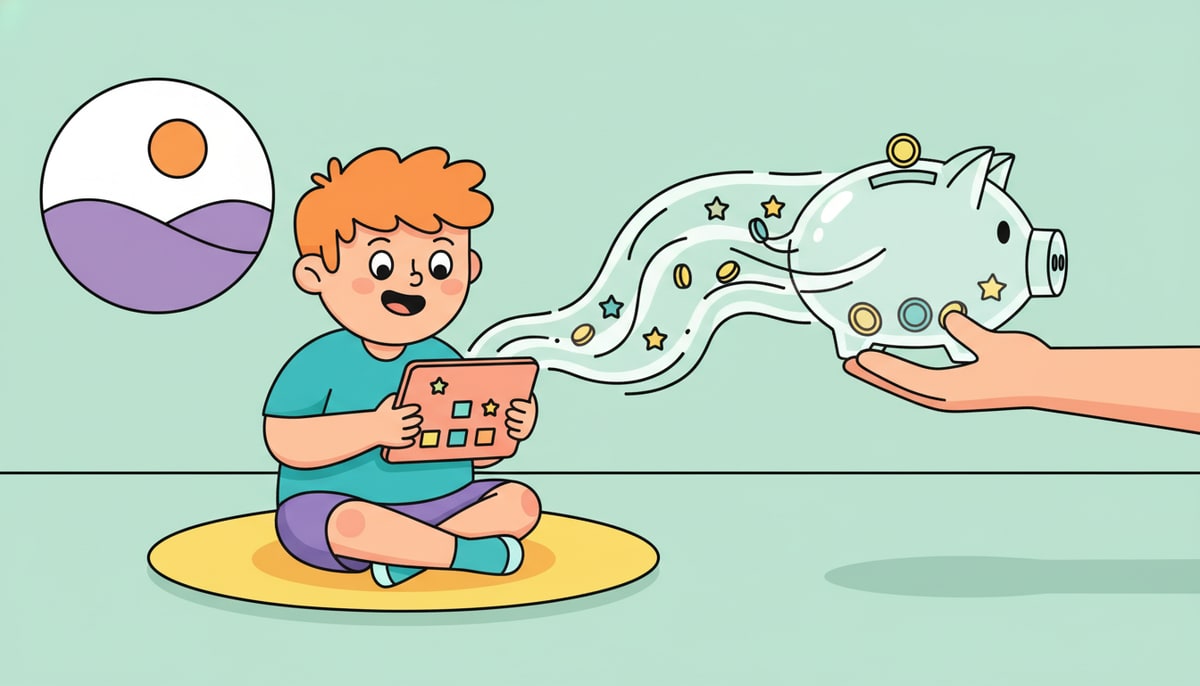 A child happily plays a video game on a tablet, unaware that a small, nearly invisible data cloud is silently flowing from the tablet into a larger, transparent piggy bank held by an unseen hand.