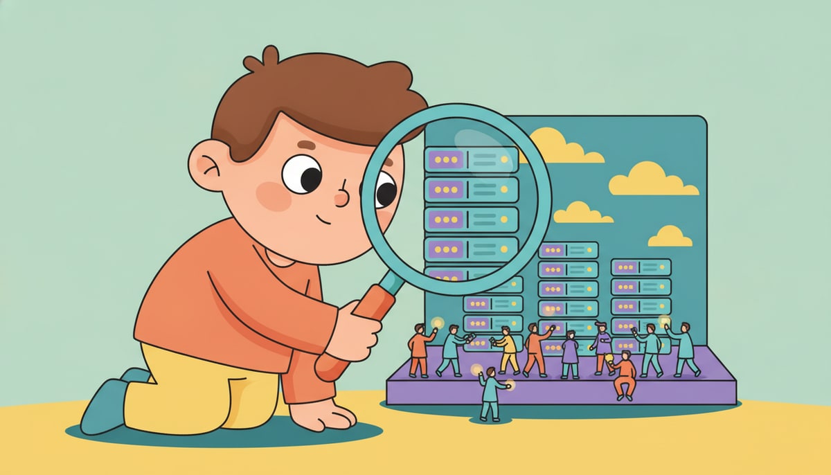 A child peers through a magnifying glass at a miniature cityscape of server racks glowing with tiny lights, surrounded by small figures of busy scientists and engineers.