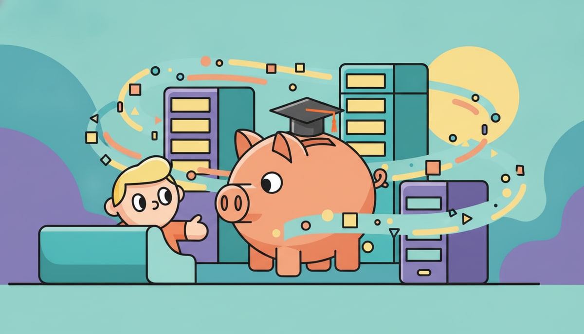 A piggy bank, wearing tiny graduation cap, is surrounded by a futuristic scene of glowing server towers and microscopic data streams, as a child peers curiously at it.