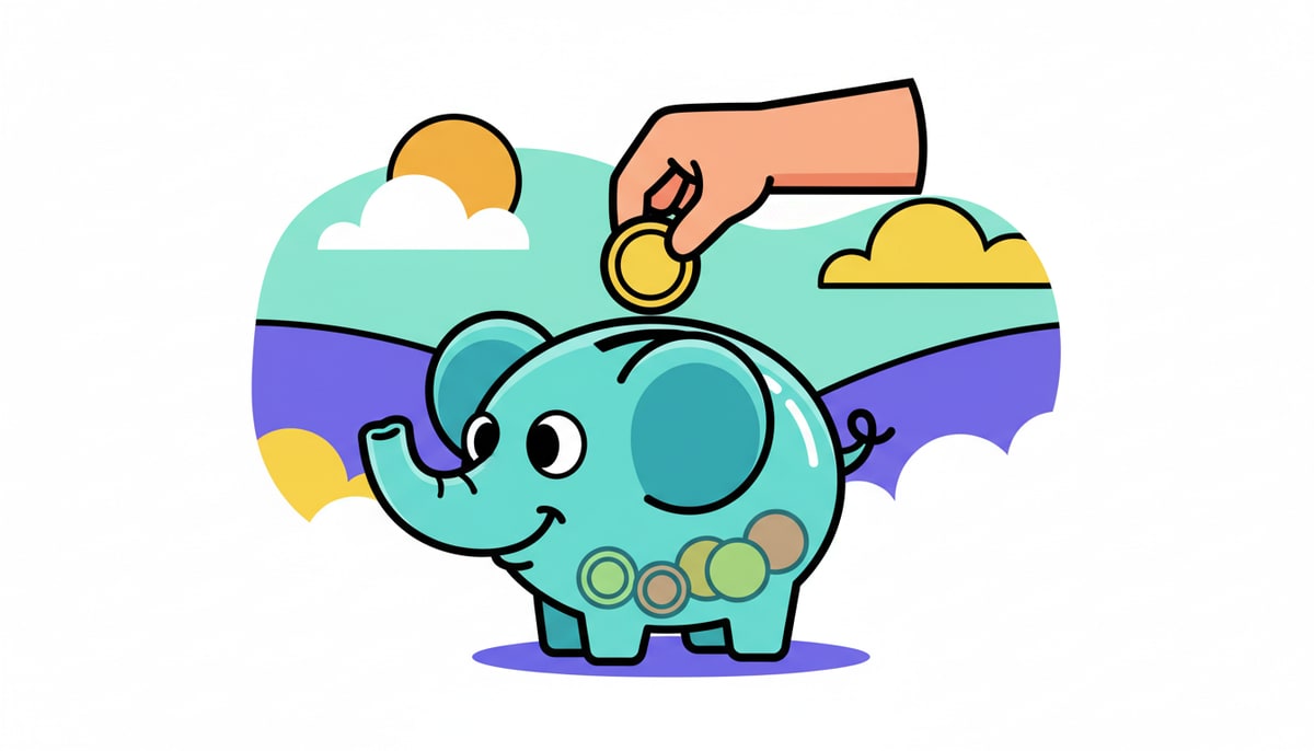 A small child's hand carefully drops a single shiny coin into a clear piggy bank shaped like a friendly, smiling animal.