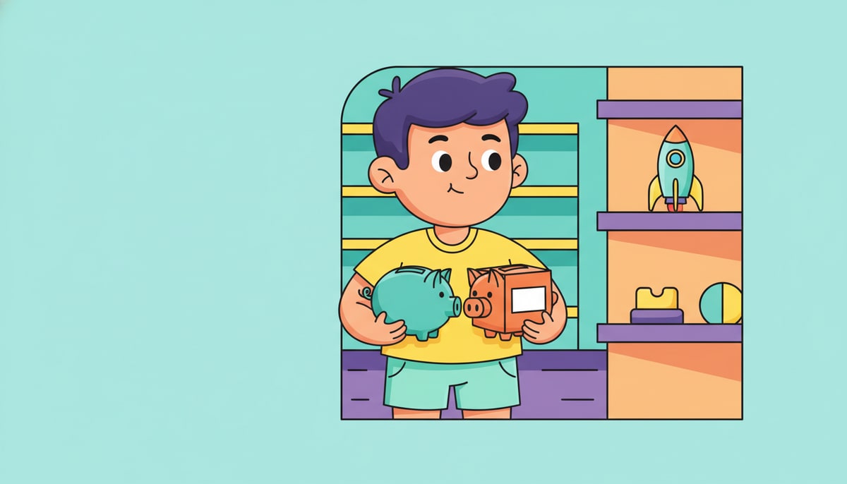 A child around ten years old holds two small, colorful piggy banks labeled "Save" and "Spend," looking thoughtfully at a toy they want to buy on a store shelf.