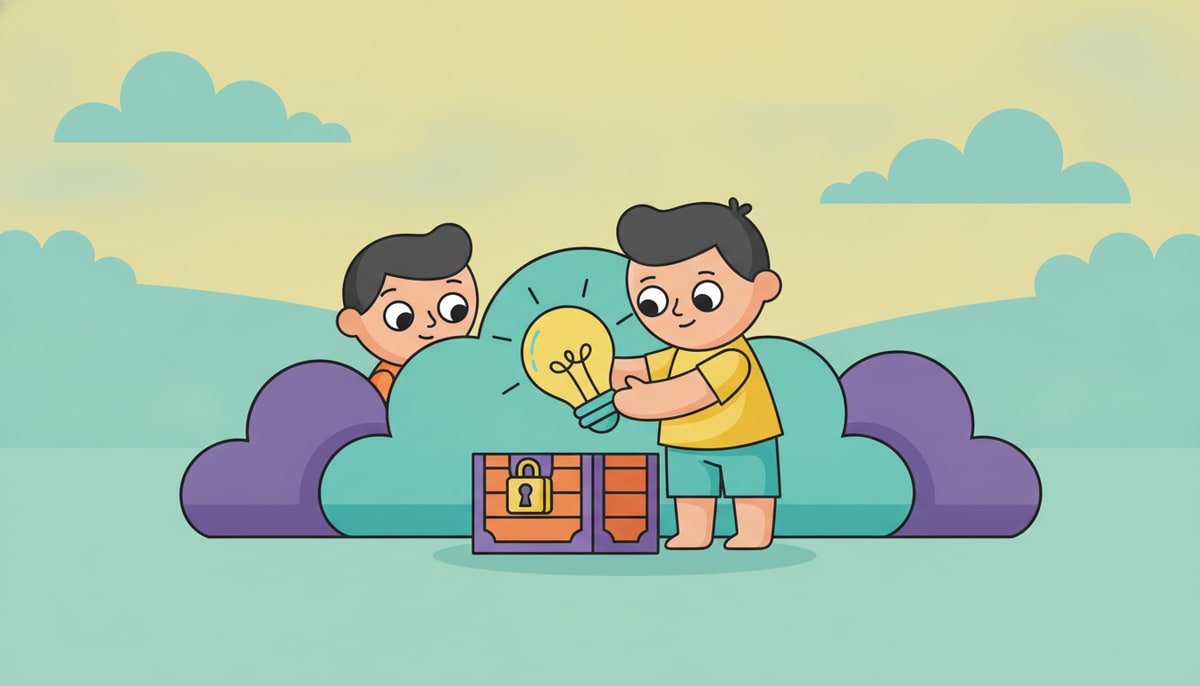 A child carefully places a glowing lightbulb, representing a valuable idea, into a small, sturdy, locked treasure chest, while another child peers curiously from behind a nearby bush.