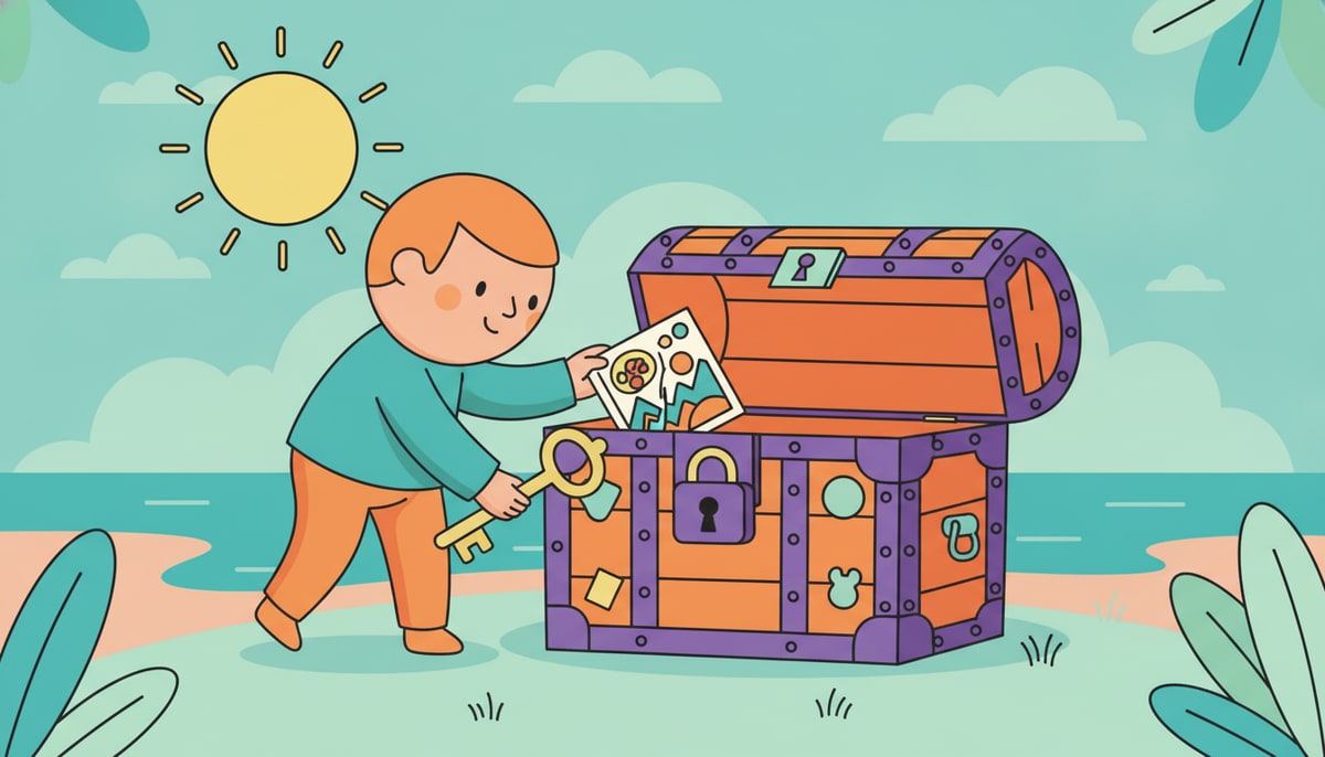 A child carefully places a hand-drawn picture into a locked, decorated treasure chest, holding the key in their other hand.