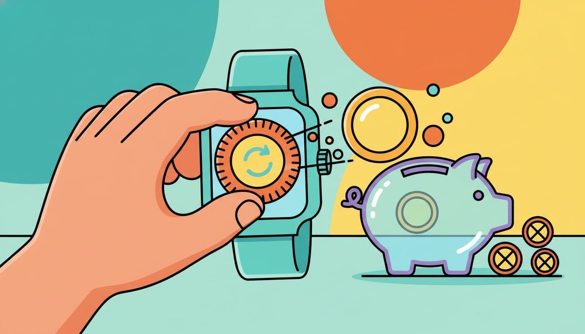 A child's hand uses a tiny, oversized digital crown on a cartoon smartwatch to dial a coin into a transparent piggy bank, while three smaller, crossed-out coins sit nearby.