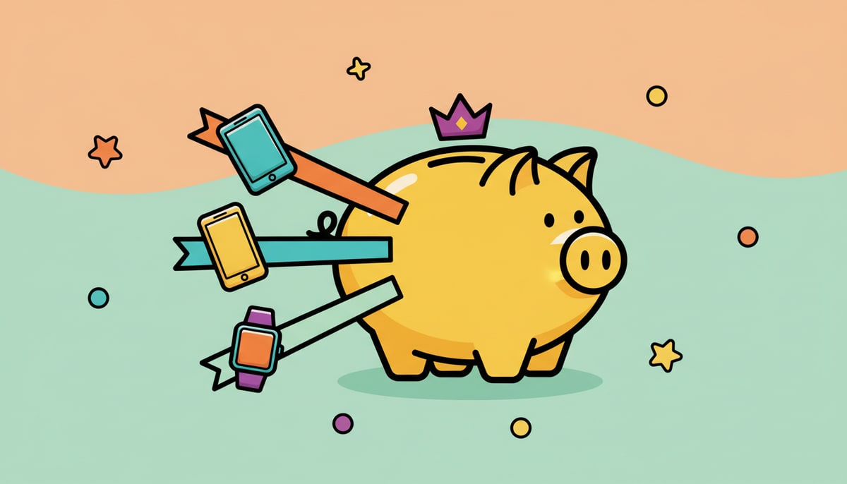 A child's piggy bank with a tiny digital crown on top, and three colorful ribbons — red, blue, and green — extending from its side, each tying a small, stylized icon representing a smart device.
