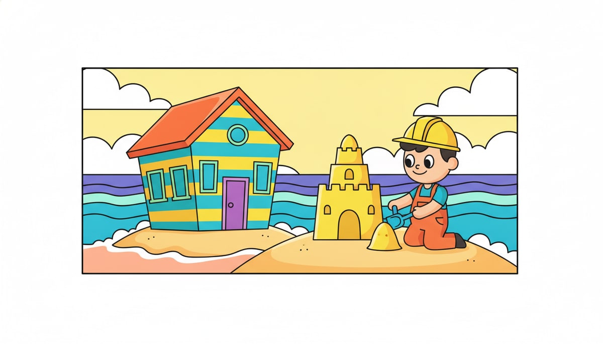 A cheerful, brightly colored beachfront house is now a tiny island with water lapping at its foundations, while a smiling, determined kid in a hard hat builds a new, higher sandcastle nearby.