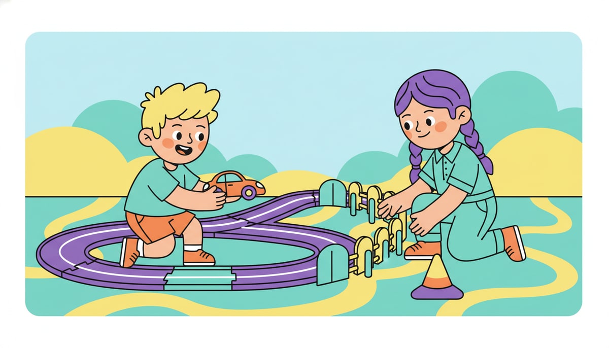 A child excitedly holds a small, brightly colored toy car at the starting line of a miniature race track, while a slightly older child carefully examines the track's safety barriers and a small "caution" cone off to the side.