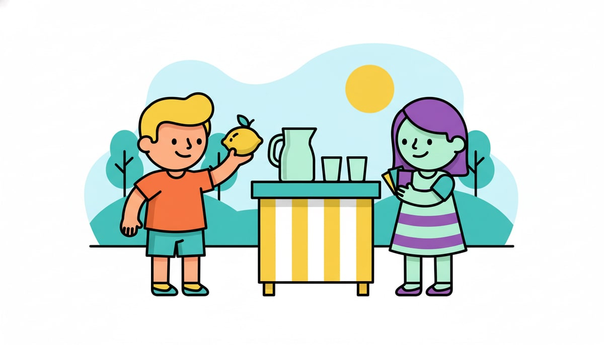 A child proudly holds a single lemon, offering it to another child who holds a small stack of play money next to a simple wooden lemonade stand.