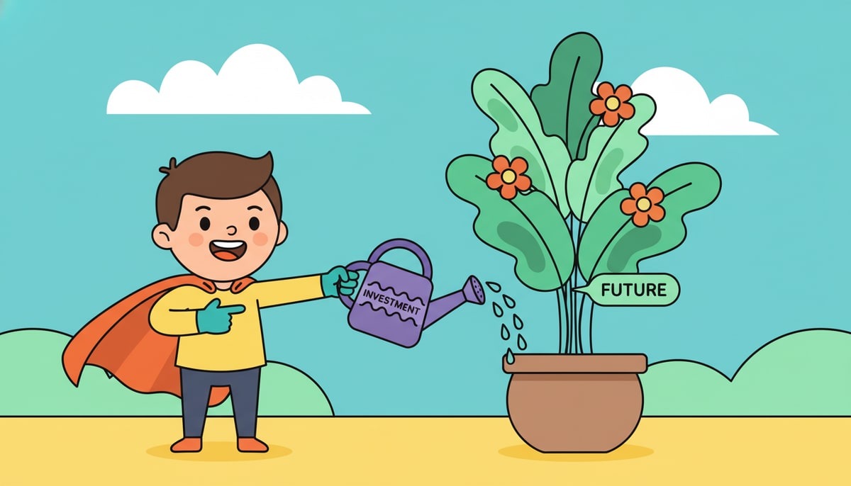A confident kid investor, wearing a superhero cape, points excitedly at a thriving, leafy plant labeled "FUTURE" while holding a watering can marked "INVESTMENT.
