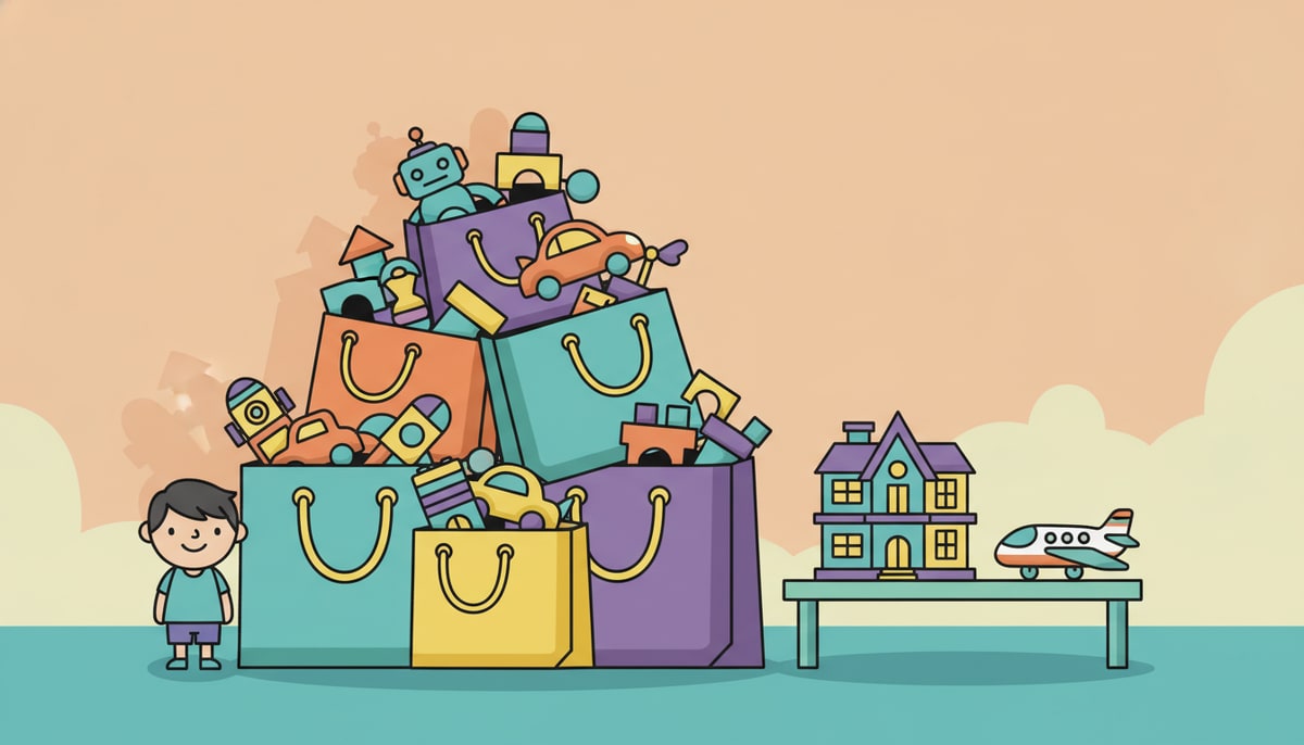 A child stands dwarfed next to a towering stack of oversized toy store bags, each overflowing with colorful toys, while a miniature mansion and tiny private jet sit on a nearby table.