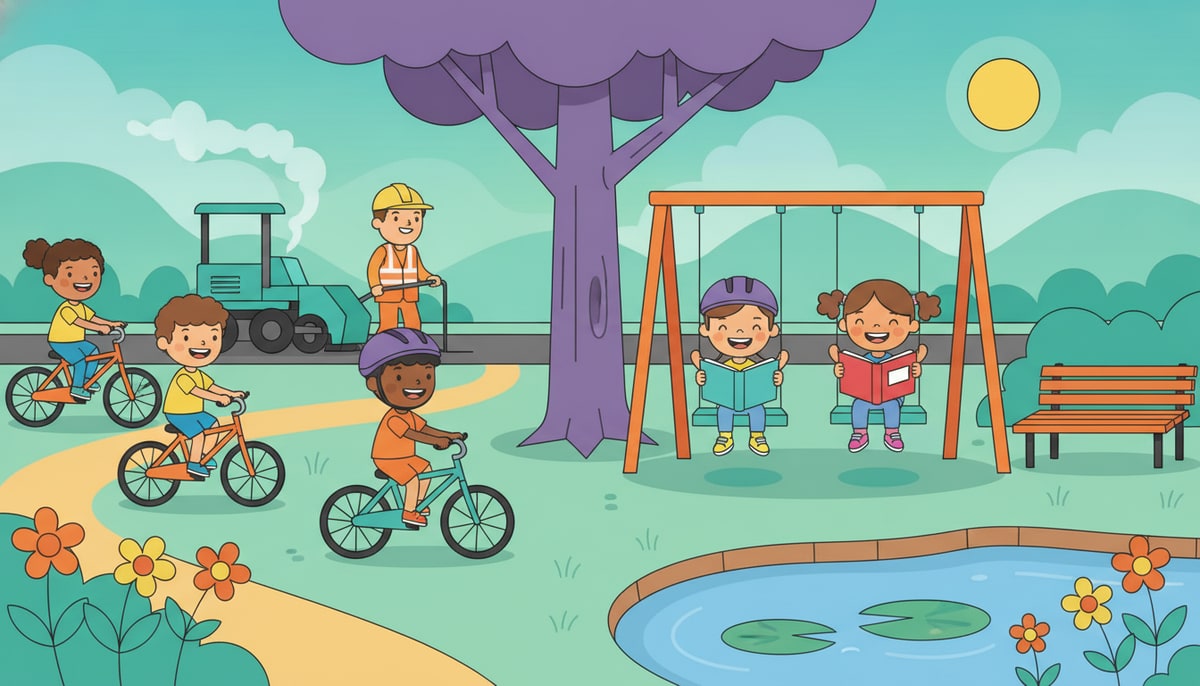 A diverse group of happy kids ride bikes, read books, and play on swings at a vibrant park, while a cheerful road worker in the background paves a smooth path.