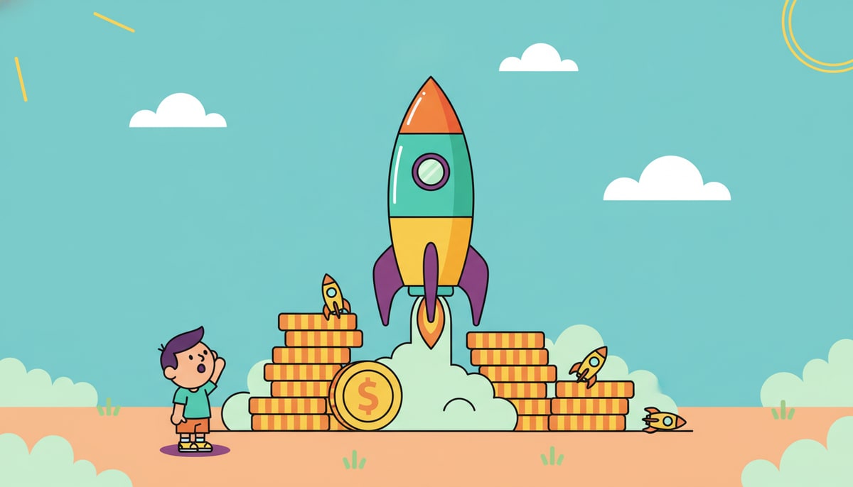 A child gazes up at a towering, brightly colored rocket launching from a whimsical launchpad made of stacked coin piles, with smaller toy rockets scattered nearby.