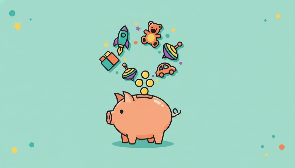 A child's piggy bank, looking a bit thin, is surrounded by a swirling vortex of colorful, enticing toy ads that are trying to pull money out of its coin slot.