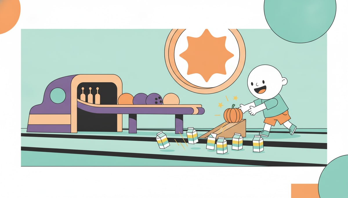 A child happily bowls a strike using a cardboard box as a ramp and a small pumpkin as a bowling ball, while a fancy, expensive-looking automatic ball return system sits unused in the background.