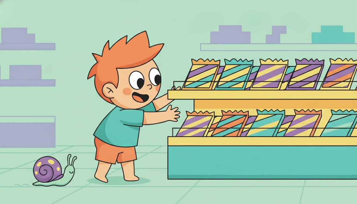 A small child, eyes wide with excitement, reaches impulsively for a colorful candy bar on a low store shelf, while a snail slowly inches across the floor nearby.