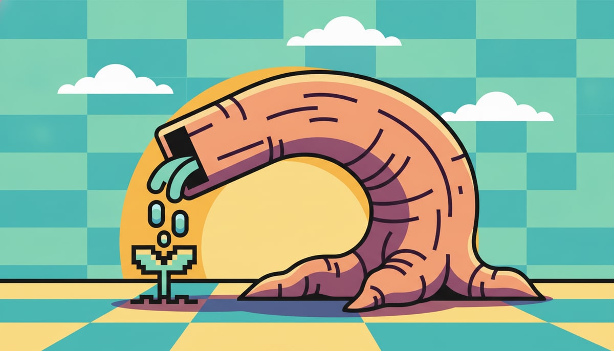 A tiny, young sprout, barely emerging from the ground, is being carefully watered by a much older, gnarled tree root, both in a blocky, pixelated style.