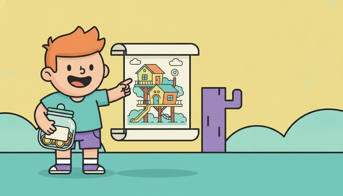 A smiling child points excitedly at a detailed drawing of a magnificent treehouse, while holding a small jar labeled "Treehouse Fund" filled with a few coins.
