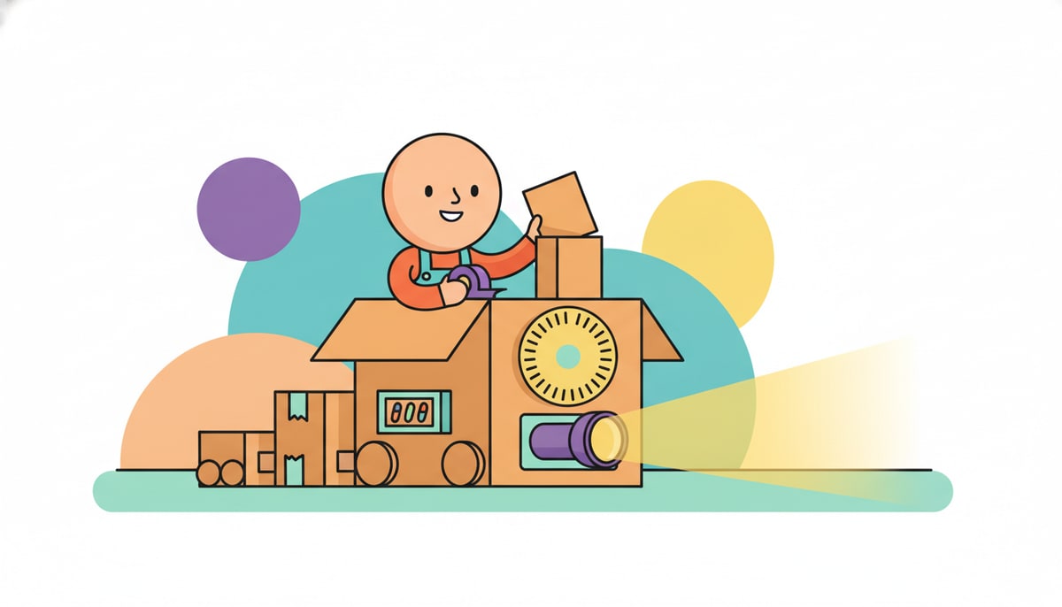 A kid in a cardboard box "train" uses a flashlight for a headlight, a paper plate for a steering wheel, and a crayon box for a control panel, all while carefully adding a new cardboard smokestack with tape.