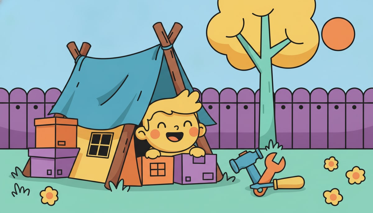 A child beams proudly from inside a whimsical backyard fort made of old blankets, cardboard boxes, and tree branches, with a few basic hand tools scattered nearby.