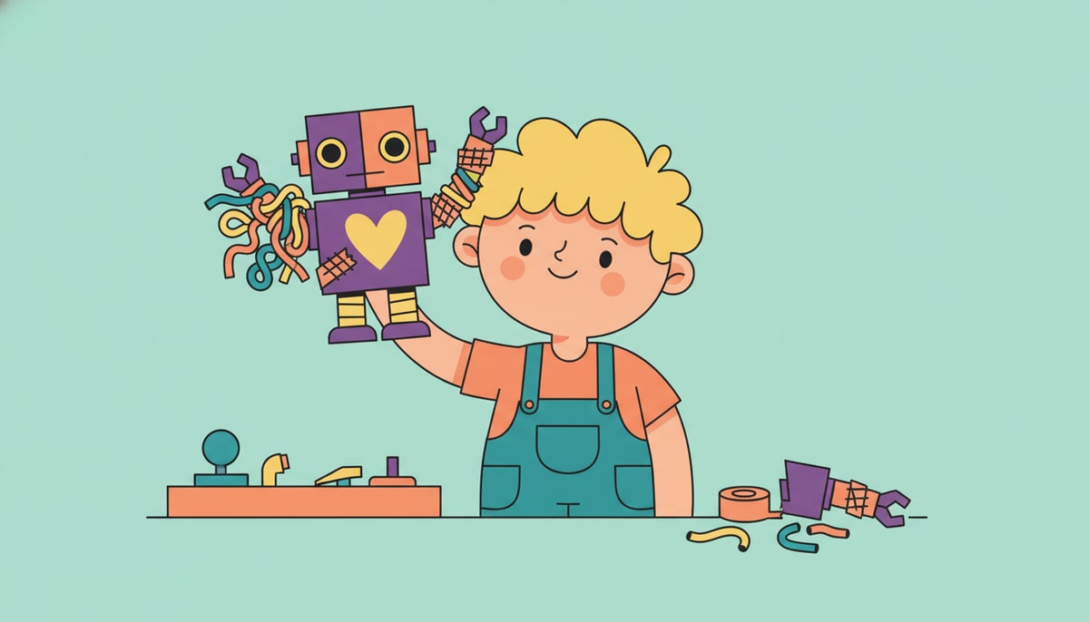A child proudly displays a repaired toy robot, mended with colorful pipe cleaners and tape, instead of a brand new one.