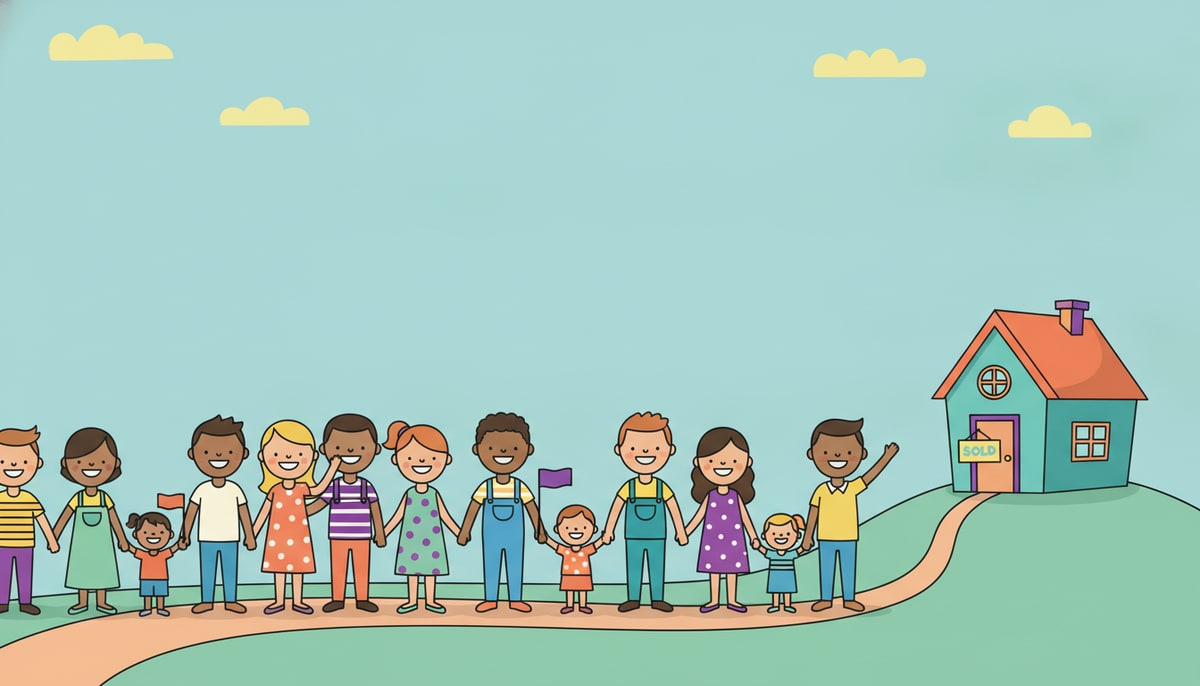 A long line of diverse, smiling cartoon families stands in front of a single, small, highly coveted house with a "Sold" sign.