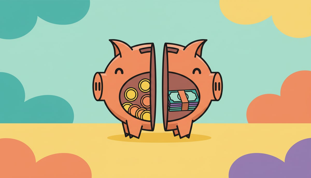 A piggy bank with a visible coin slot is cut cleanly in half, revealing two distinct, labeled compartments inside: one with a few coins and another with a small stack of bills.