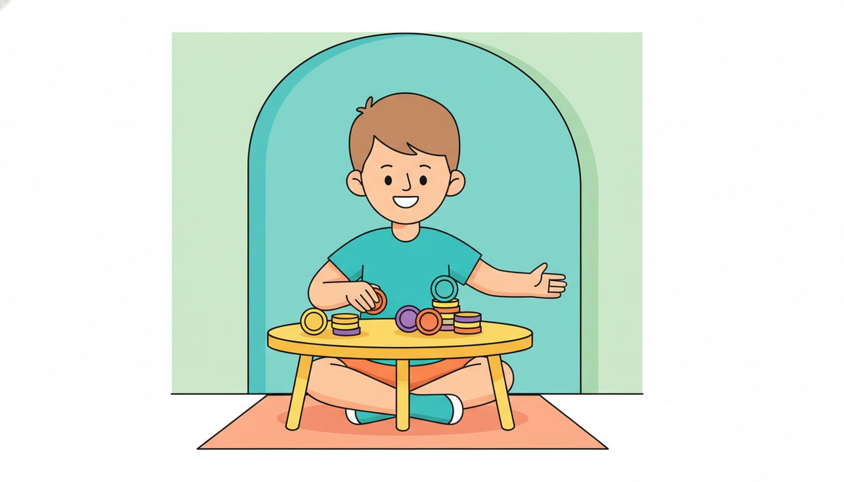 A child, around age 9, happily divides a small pile of colorful coins into two distinct groups on a clean, simple surface, one pile visibly larger than the other.