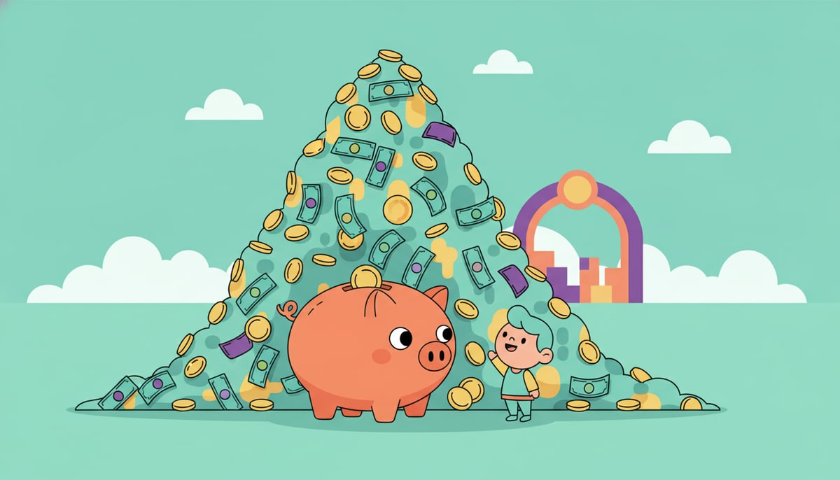 A child's piggy bank overflows with an endless cascade of coins and bills, forming a towering mountain that dwarfs the child.