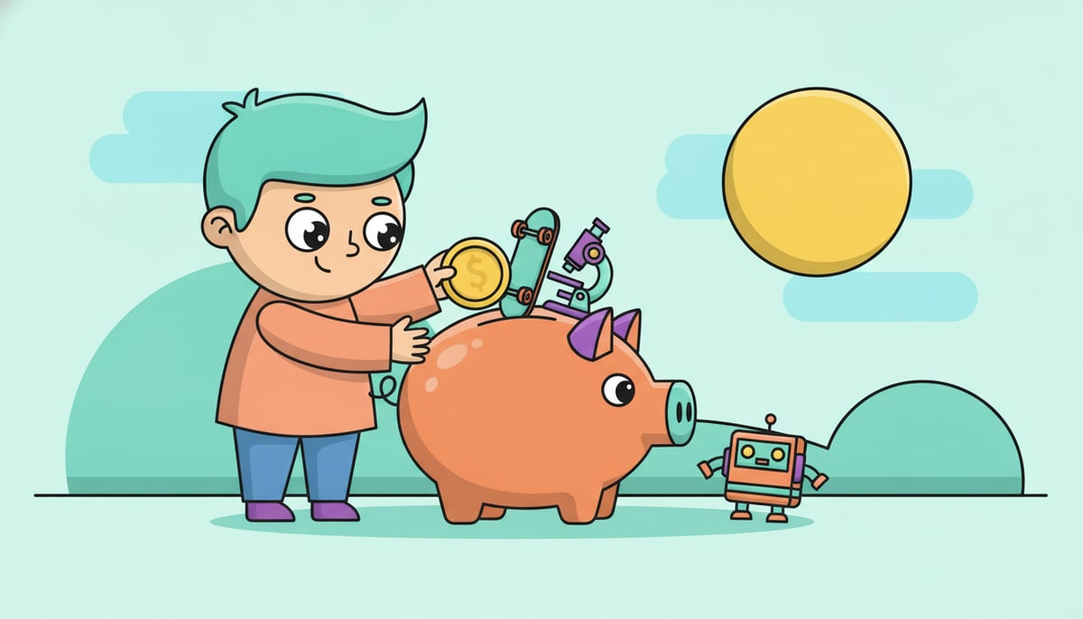 A child, eyes sparkling with determination, carefully places a coin into a piggy bank overflowing with a vibrant variety of smaller, colorful toy items like a miniature skateboard, a tiny microscope, and a small, pretend robot.