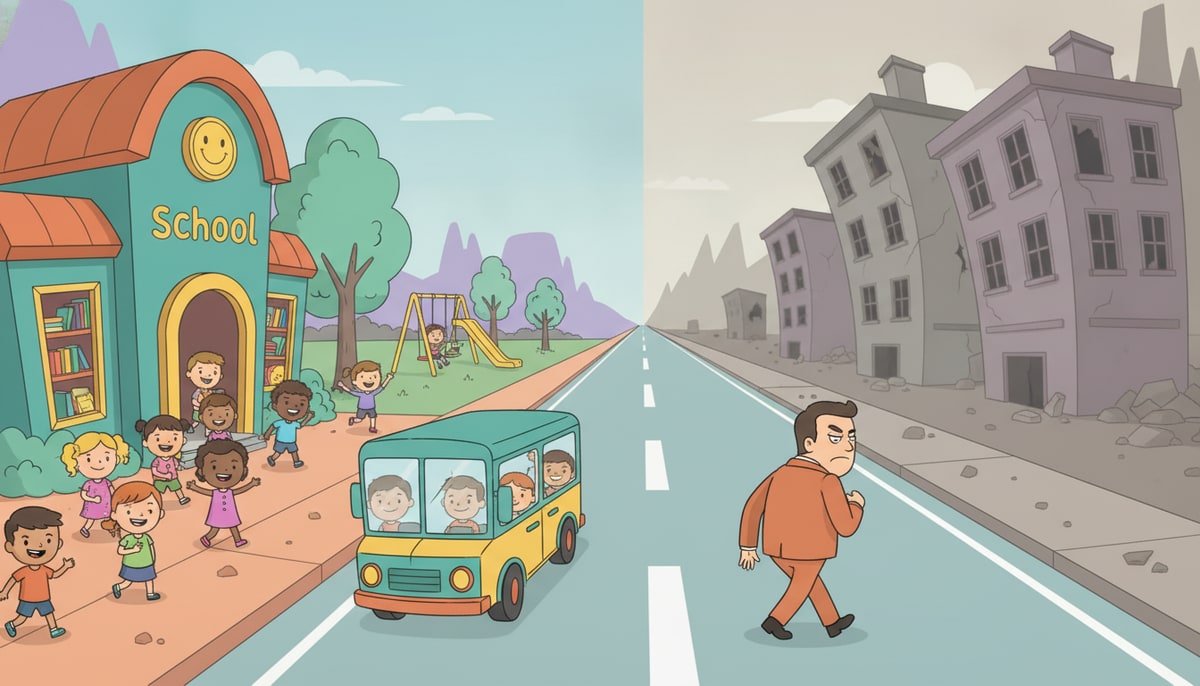 A cartoon city street with one half bustling with happy kids entering a vibrant school and a bustling park, while the other half shows empty, crumbling buildings and a lone, grumpy-looking adult walking away from a fancy, but empty, highway.