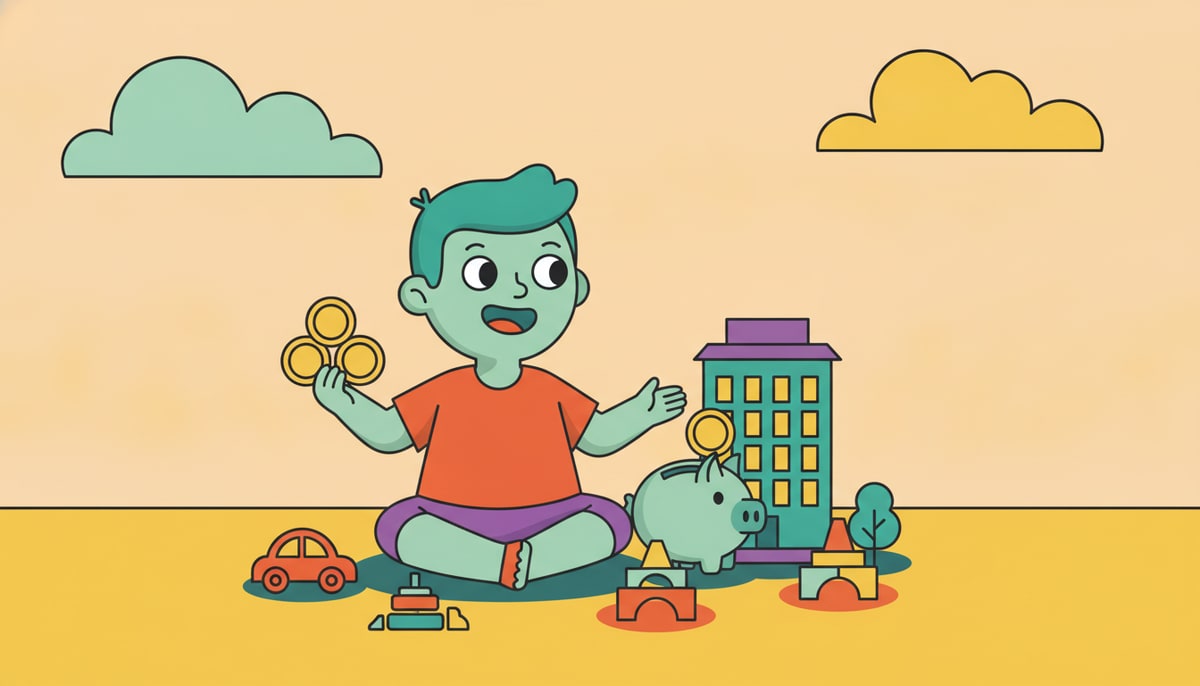 A child happily gazes at a collection of small toys (a car, a building block, a tiny tree) spread out on a floor, while holding a few coins and looking at a piggy bank shaped like a stylized city skyscraper.
