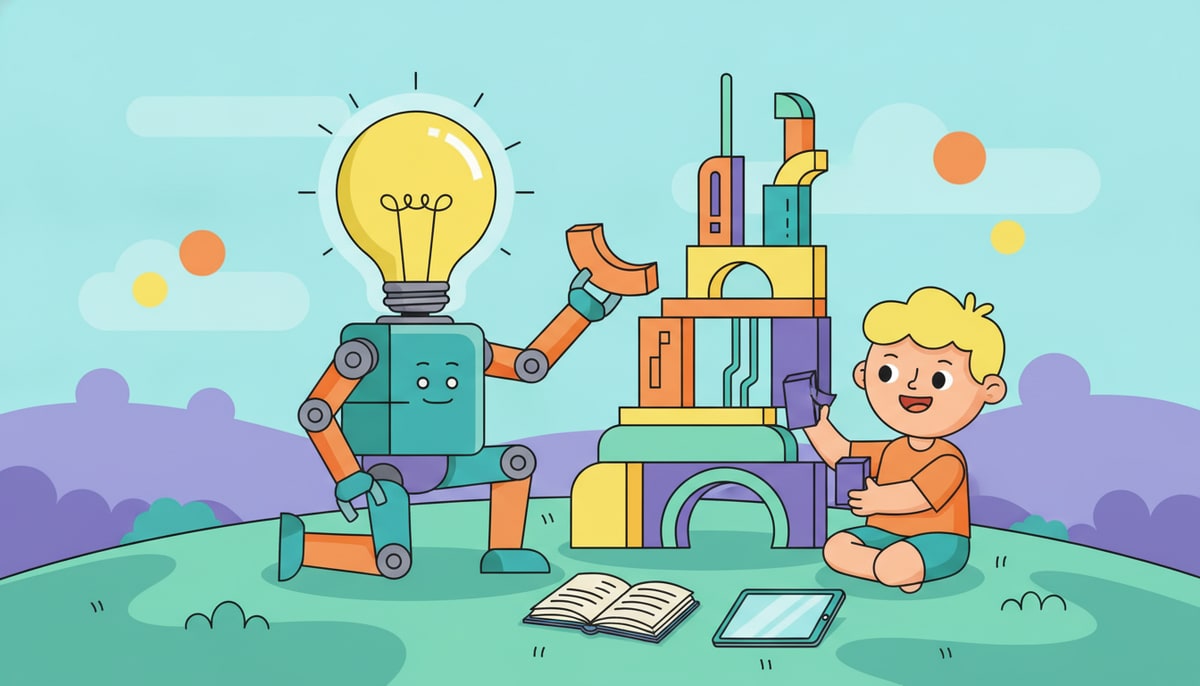 A friendly robot with a lightbulb head helps a child build a complex, futuristic-looking structure with colorful interlocking blocks, while an open book and a tablet lie nearby.