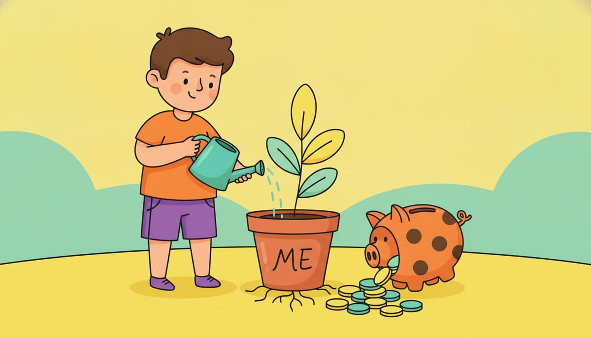 A child waters a small, leafy plant growing in a terracotta pot labeled with a handwritten "ME," while a piggy bank sits nearby with coins spilling out to nourish the plant's roots.