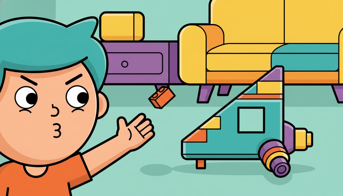 A child's exasperated face peering at a nearly complete, intricate LEGO spaceship with a single, crucial empty space where a missing piece should be.