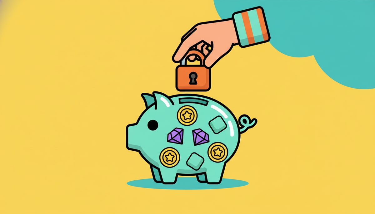 A child's hand places a physical lock onto a transparent piggy bank filled with digital currency icons like game coins and gem shapes.