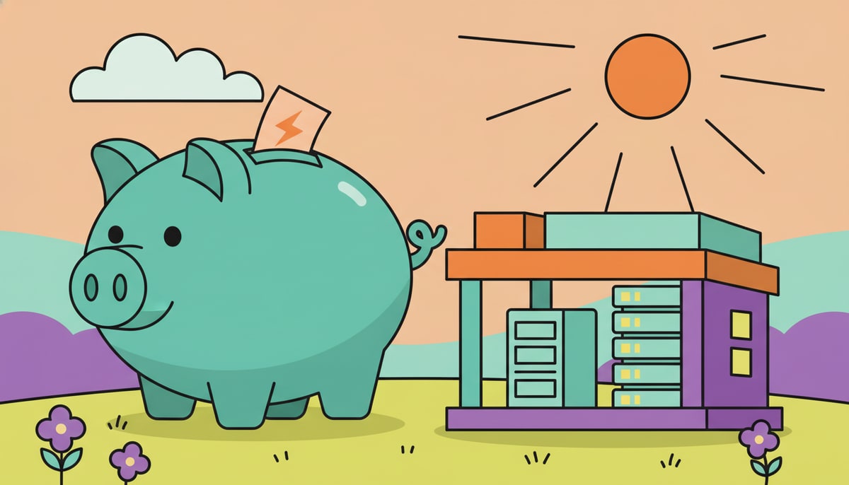 A giant, friendly green piggy bank, with a tiny "electric bill" stuck in its coin slot, sits on a patch of grass next to a partially built, simple cartoon data center.