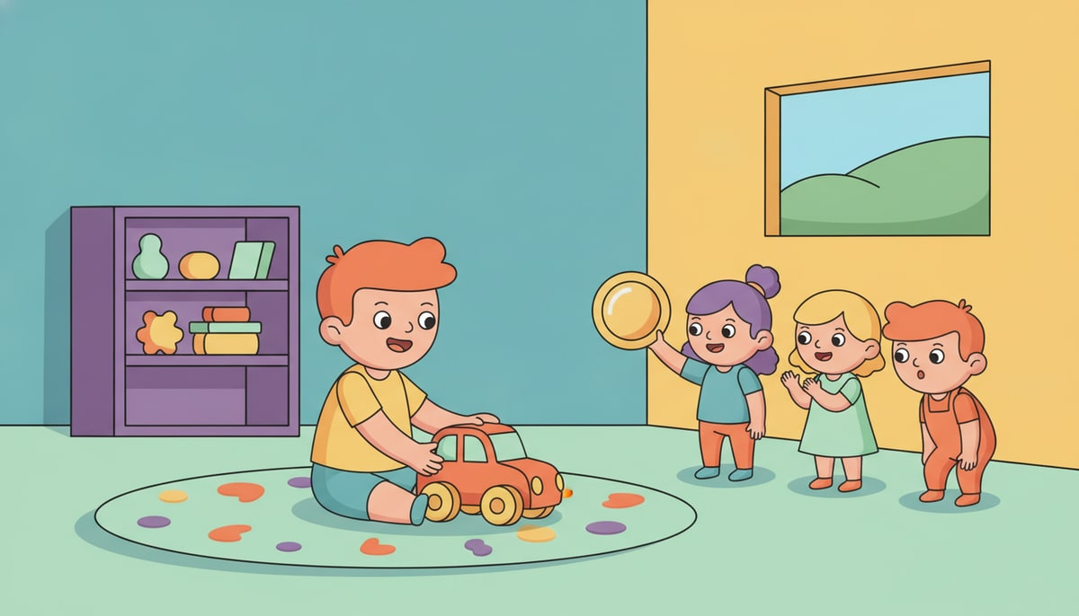 A child happily plays with a toy car on a rug, while a small group of other children nearby look on, one holding a coin.